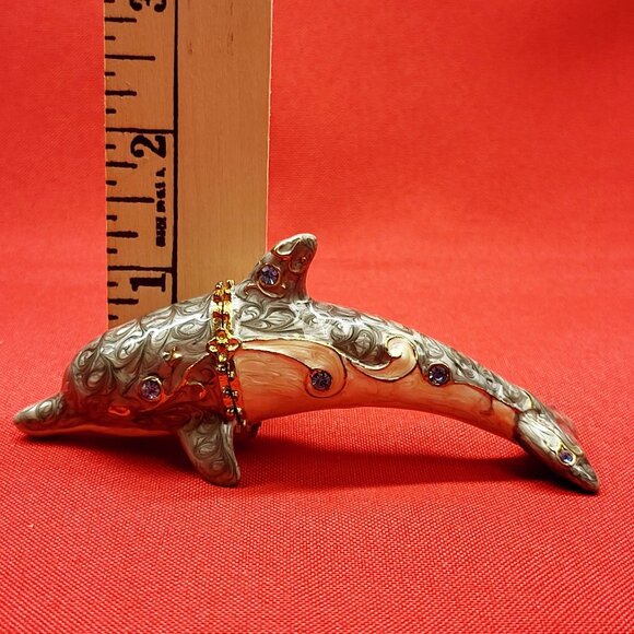 Metal Enamel Dolphin Trinket Box Hinged Rhinestone Accents - Picture 9 of 15